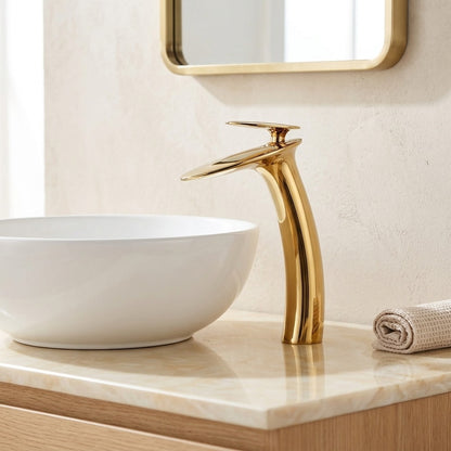 Lagomel single-hole waterfall vessel sink faucet, set in a Modern/Contemporary bathroom