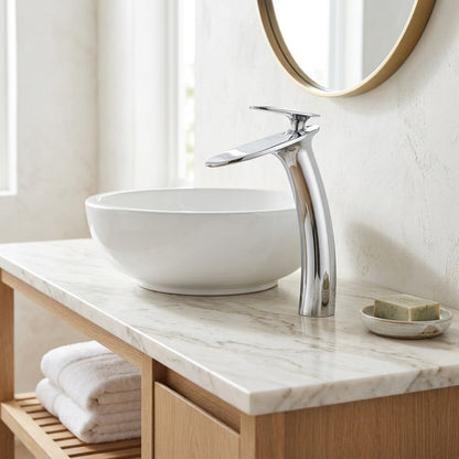 Lagomel single-hole waterfall vessel sink faucet, set in a Modern/Contemporary bathroom