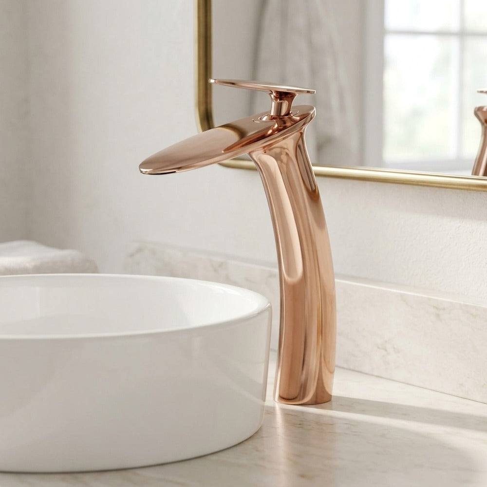 Lagomel single-hole waterfall vessel sink faucet, set in a Modern/Contemporary bathroom