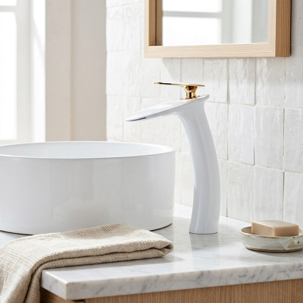 Lagomel single-hole waterfall vessel sink faucet, set in a Modern/Contemporary bathroom