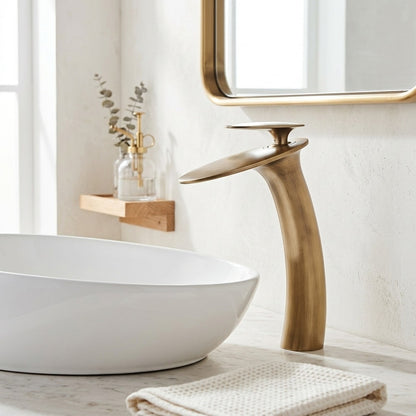 Lagomel single-hole waterfall vessel sink faucet, set in a Modern/Contemporary bathroom
