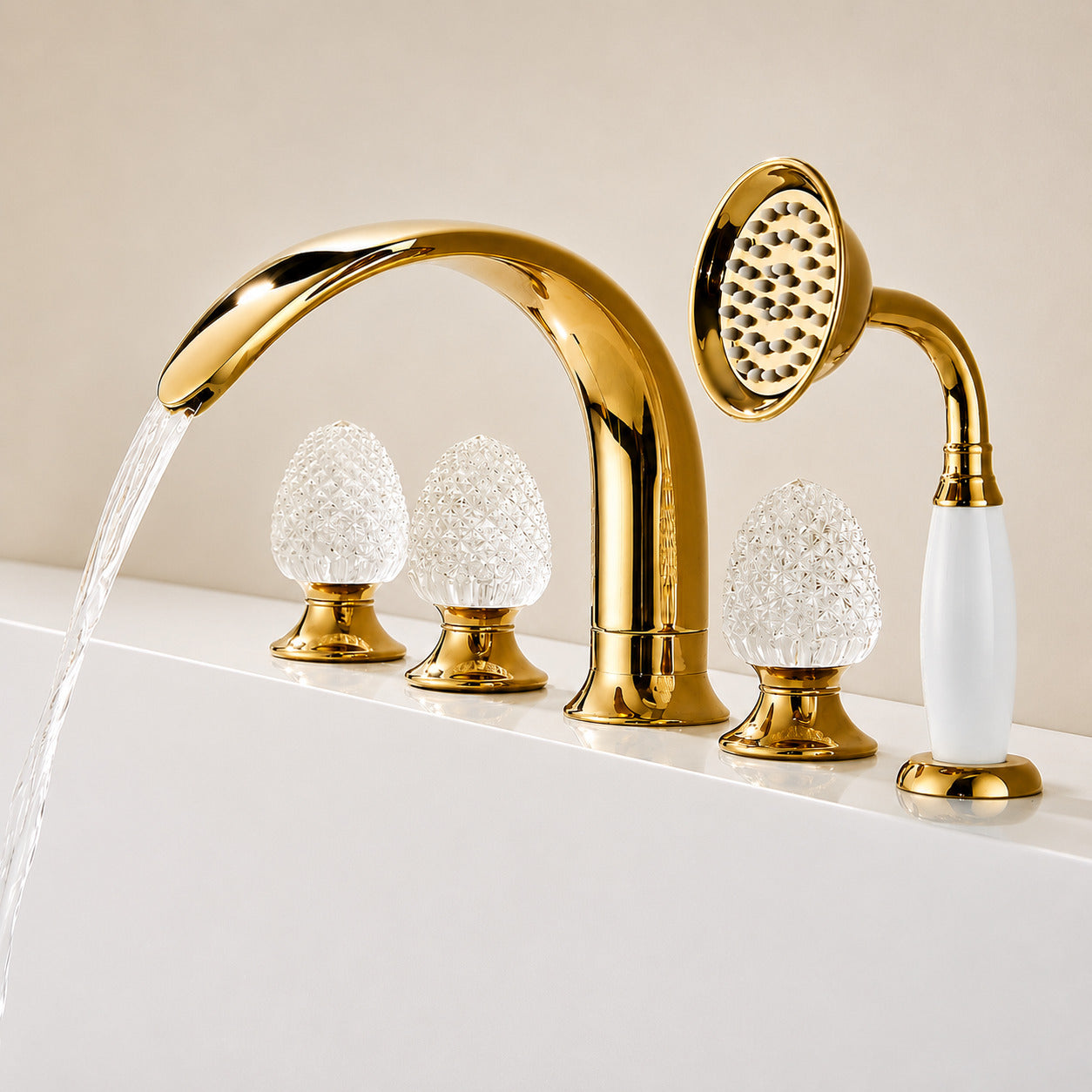 Polished Gold Vintage Deck-Mount Tub Filler Faucet, Roman Tub Faucet with Handheld Shower / Crystal Knob Handles