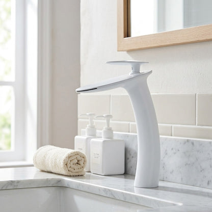 Lagomel single-hole waterfall vessel sink faucet, set in a Modern/Contemporary bathroom