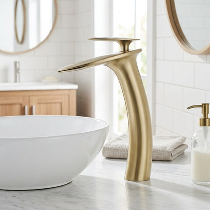 Lagomel single-hole waterfall vessel sink faucet, set in a Modern/Contemporary bathroom