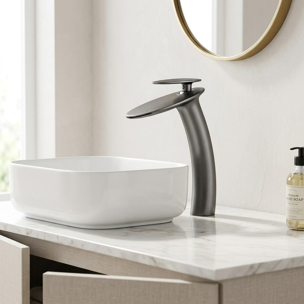 Lagomel single-hole waterfall vessel sink faucet, set in a Modern/Contemporary bathroom