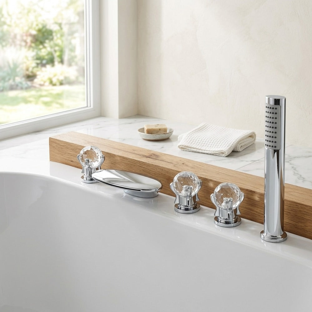 Lagomel waterfall deck-mount tub filler in chrome, set in a Modern/Contemporary bathroom