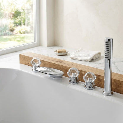 Lagomel waterfall deck-mount tub filler in chrome, set in a Modern/Contemporary bathroom