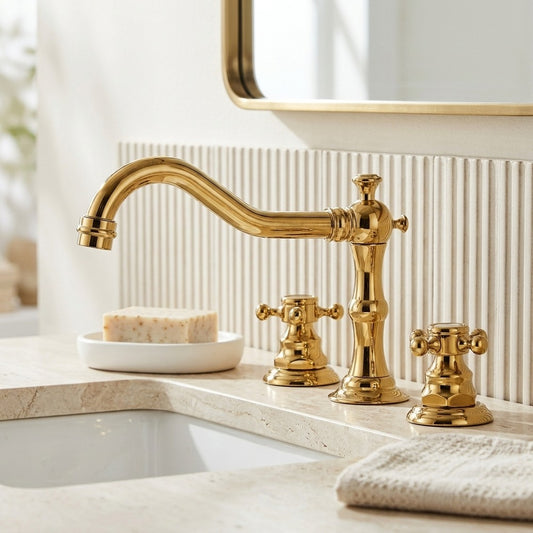 Lagomel widespread bathroom faucet in antique brass, brushed nickel, chrome, matte black, set in a Vintage/Retro bathroom