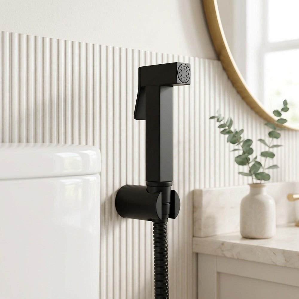 Lagomel bidet faucet in matte black, set in a Contemporary bathroom