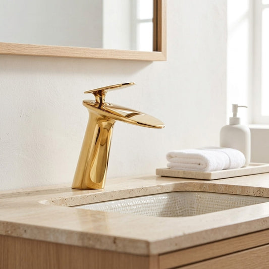 Lagomel waterfall single-hole bathroom faucet in polished gold, set in a Modern/Contemporary bathroom