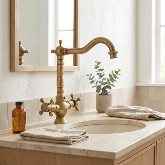 Lagomel double-handle single-hole bathroom faucet in antique brass, brushed nickel, set in a Traditional/Classic/Vintage/Retro bathroom