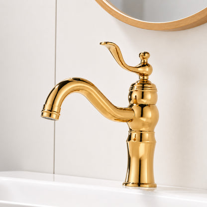 Traditional Single-Hole Bathroom Sink Faucet, Single-Handle Curved Spout Faucet with Brass Body