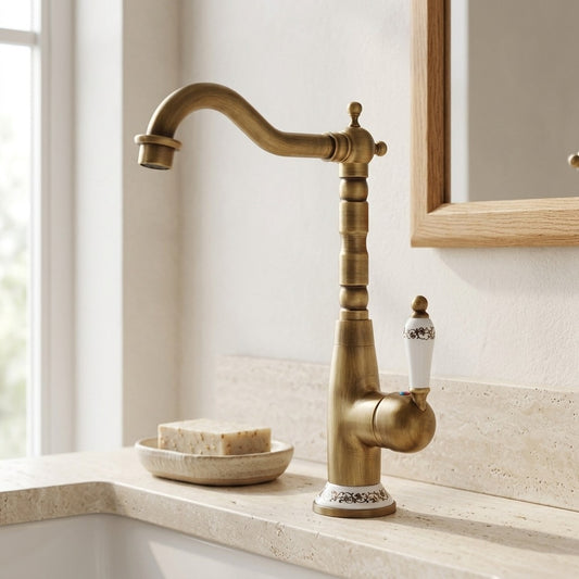 Lagomel single-hole vessel sink faucet in antique brass, two-tone / mixed finish, set in a Traditional/Classic/Vintage/Retro bathroom
