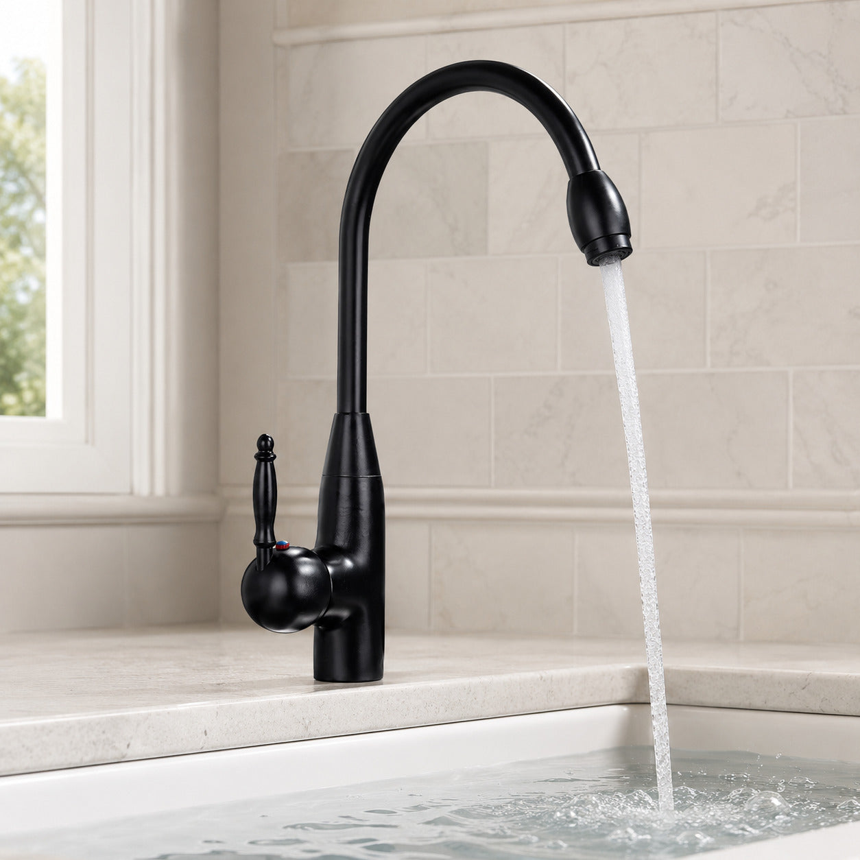Lagomel single-hole single-handle vessel sink faucet in antique brass, matte black, set in a Vintage/Retro bathroom
