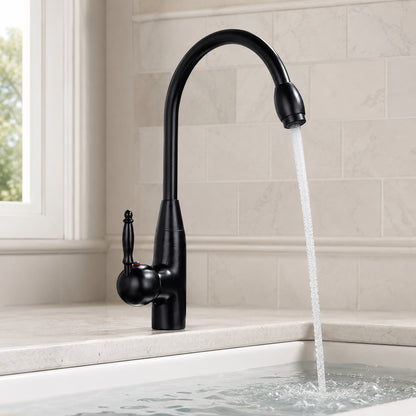 Lagomel single-hole single-handle vessel sink faucet in antique brass, matte black, set in a Vintage/Retro bathroom