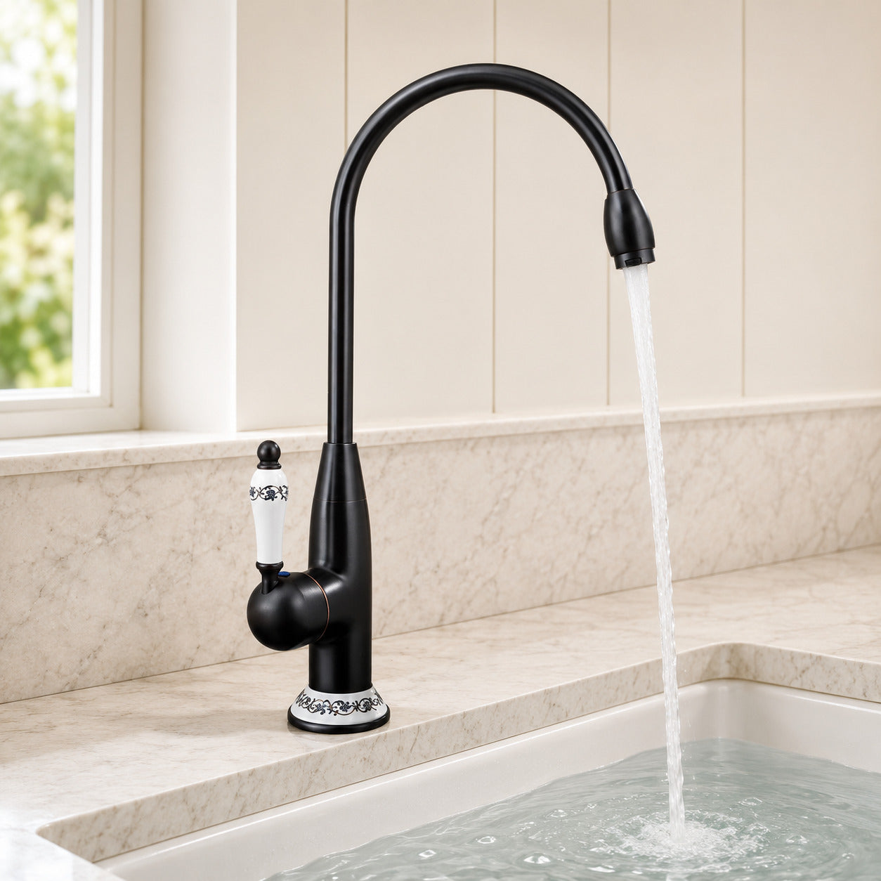 Lagomel single-hole single-handle vessel sink faucet, set in a Modern/Minimalist/Contemporary bathroom