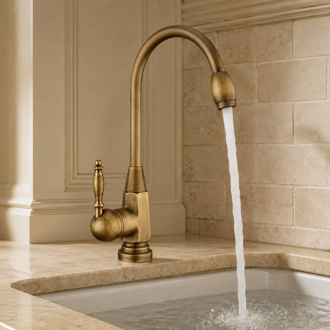 Lagomel single-hole single-handle vessel sink faucet, set in a Modern/Minimalist/Contemporary bathroom