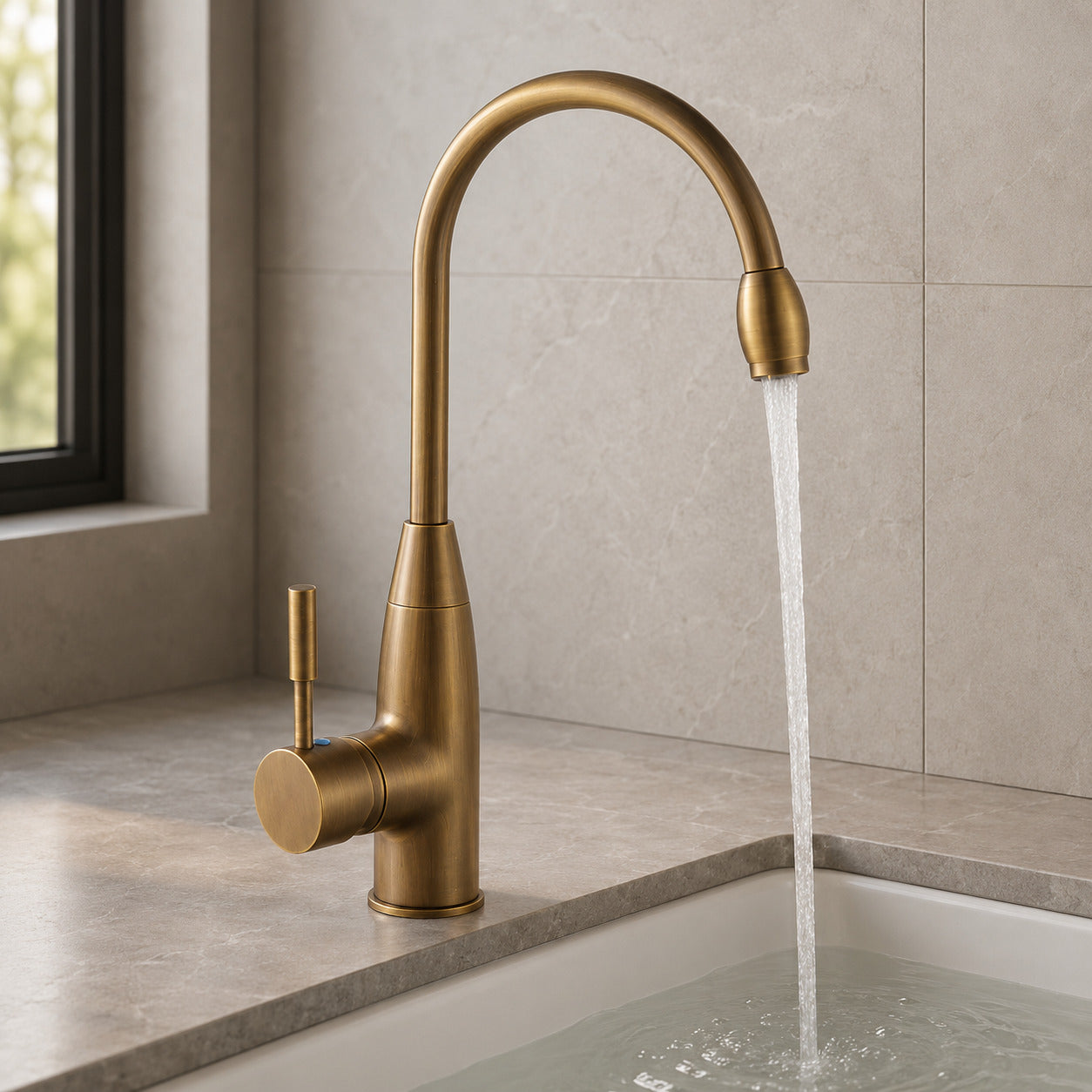 Lagomel single-hole single-handle vessel sink faucet, set in a Modern/Minimalist/Contemporary bathroom