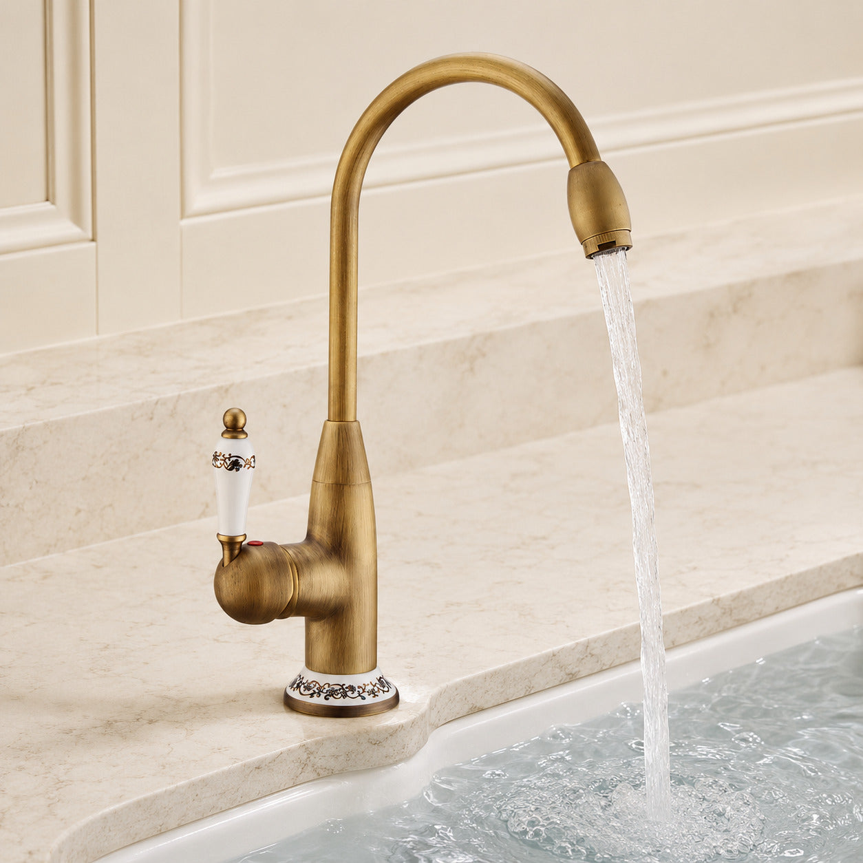 Lagomel single-hole single-handle vessel sink faucet, set in a Modern/Minimalist/Contemporary bathroom
