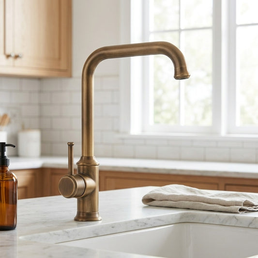 Lagomel single-handle kitchen faucet in antique brass, gunmetal, set in a Traditional/Classic kitchen