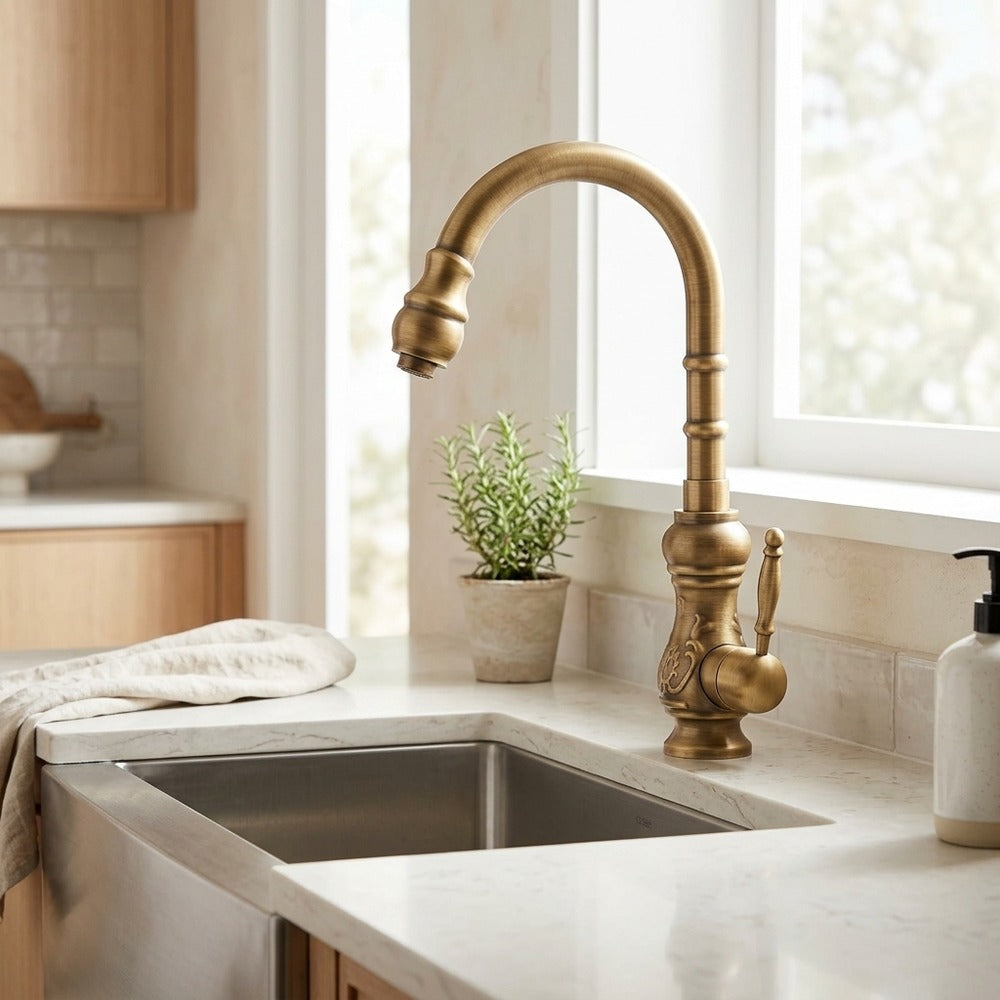 Lagomel single-handle kitchen faucet in copper, brushed nickel, two-tone / mixed finish, set in a Vintage/Retro/Contemporary kitchen