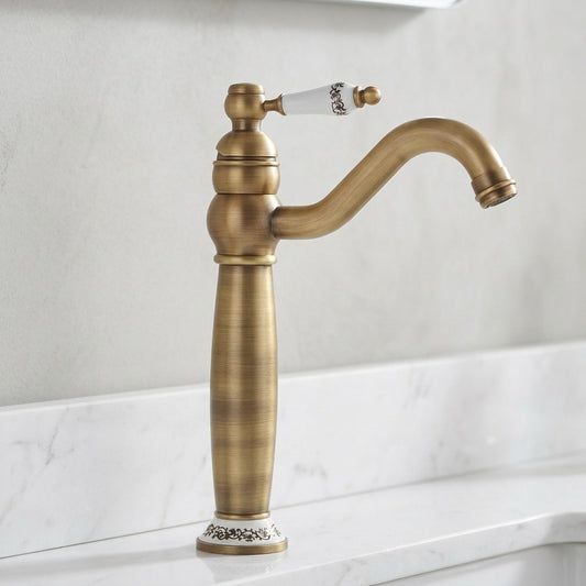 Lagomel single-handle vessel sink faucet in antique brass, matte black, set in a Vintage/Retro/Contemporary bathroom