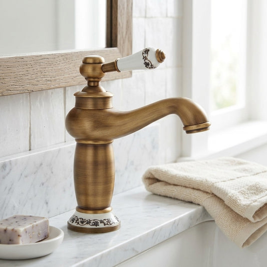 Lagomel single-hole bathroom faucet in antique brass, matte black, matte white, two-tone / mixed finish, set in a Vintage/Retro/Traditional/Classic/Contemporary bathroom