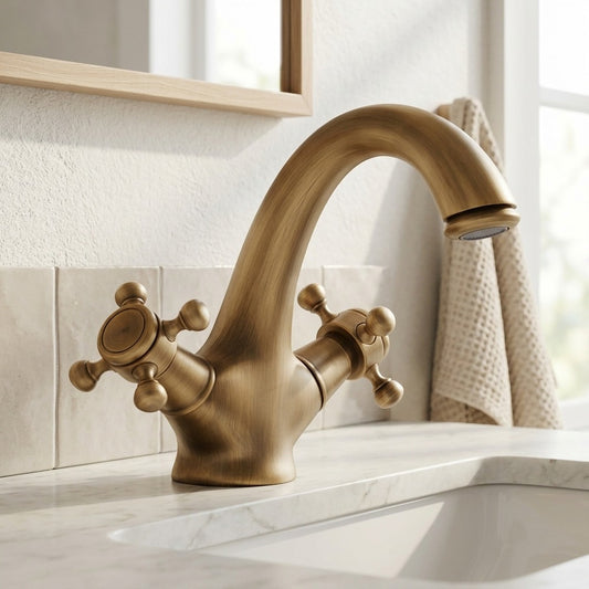 Lagomel single-hole bathroom faucet in antique brass, brushed nickel, set in a Vintage/Retro/Contemporary bathroom