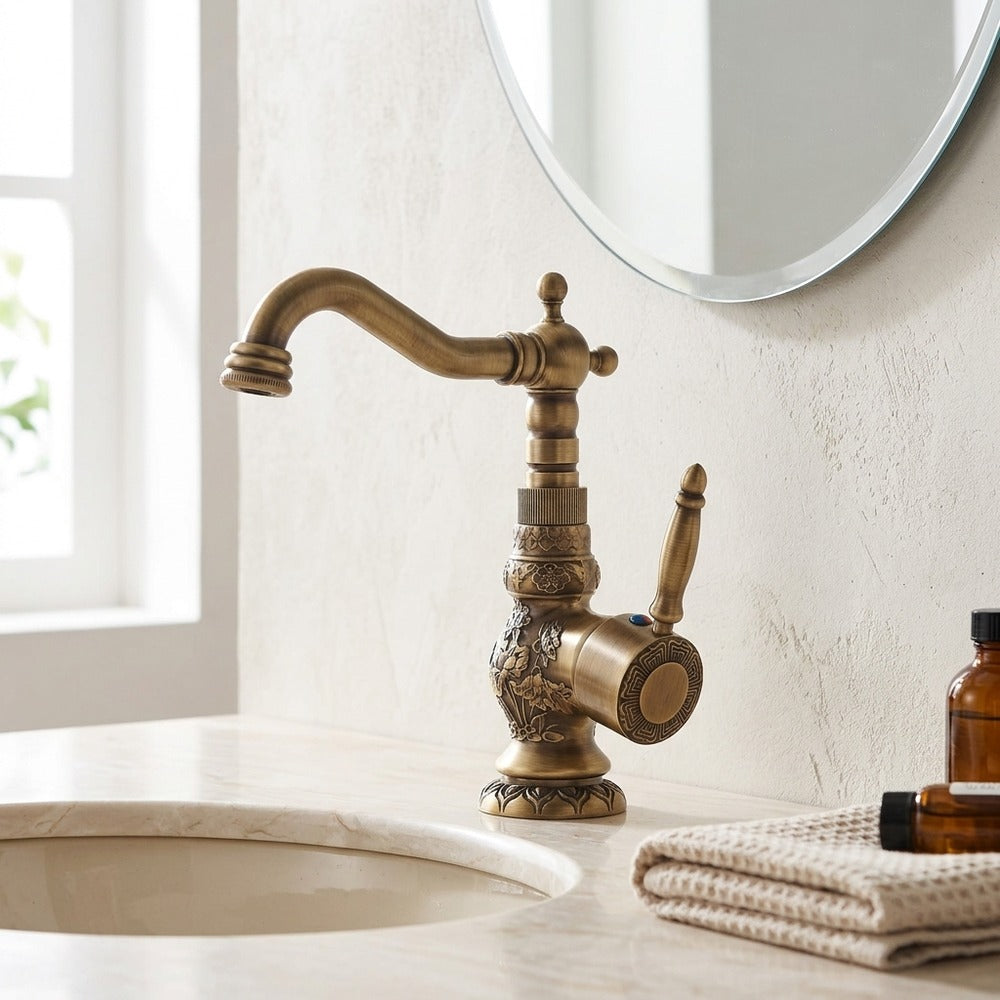 Lagomel single-hole bathroom faucet in antique brass, copper, set in a Vintage/Retro/Traditional/Classic bathroom