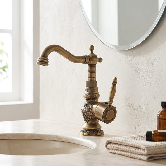 Lagomel single-hole bathroom faucet in antique brass, copper, set in a Vintage/Retro/Traditional/Classic bathroom