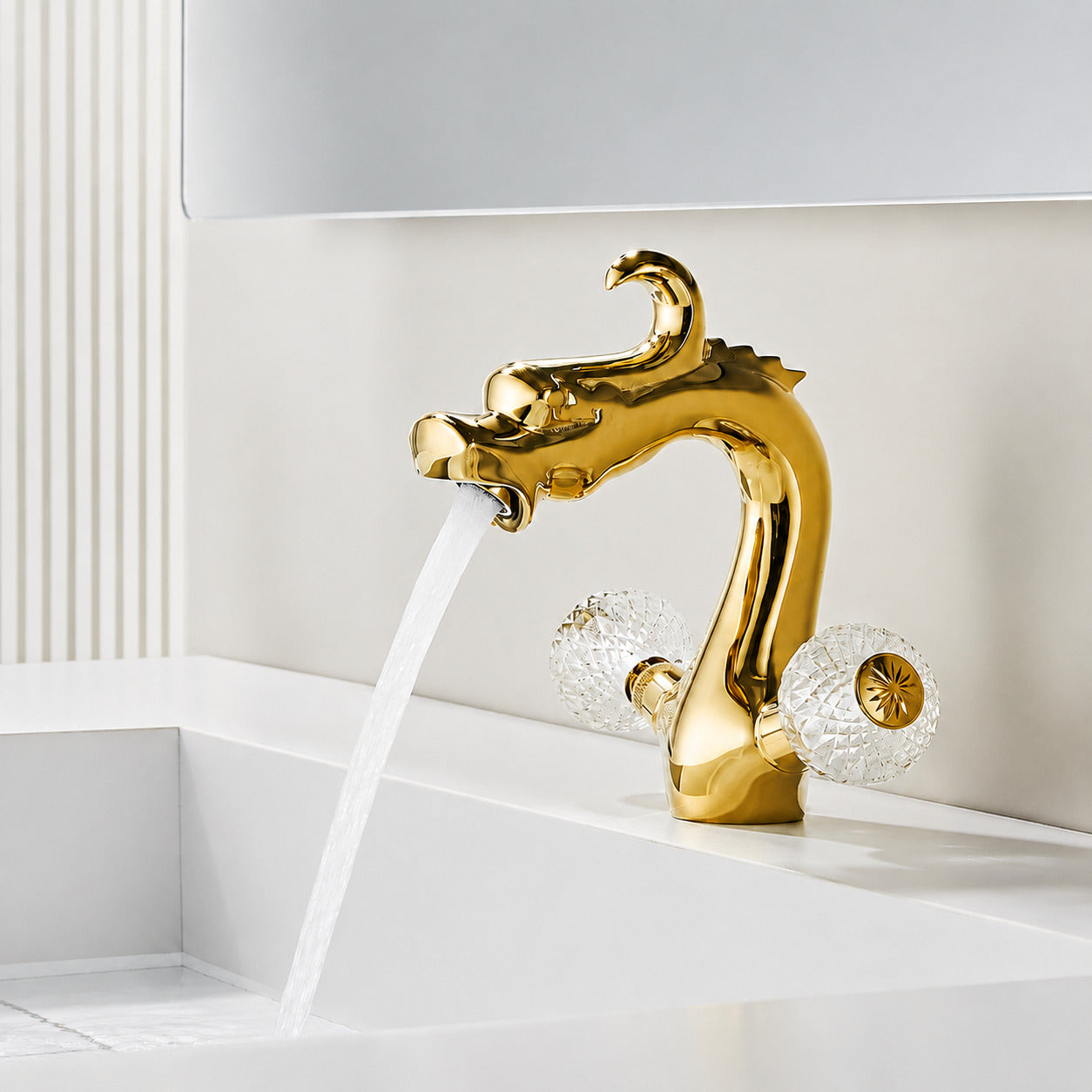 Polished Gold Traditional Dragon Faucet, Single-Hole Dual-Handle Faucet with Crystal Knob Handles
