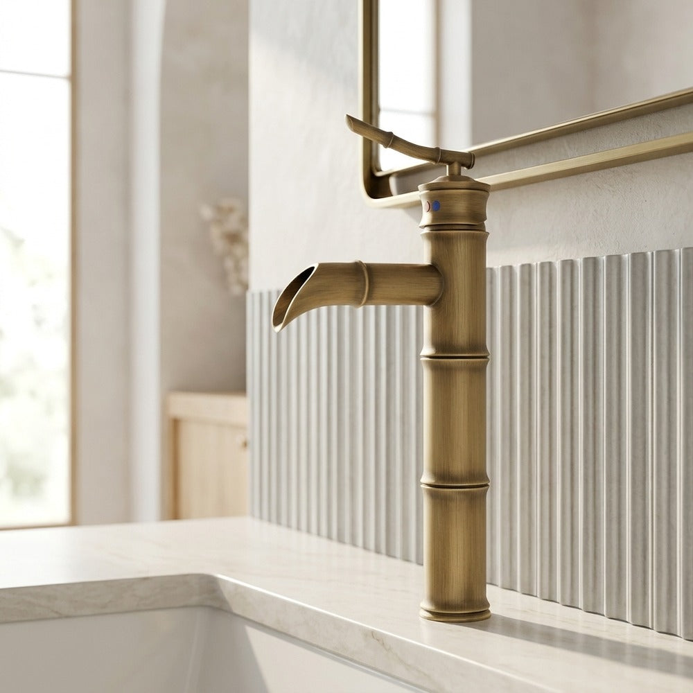 Lagomel single-hole single-handle vessel sink faucet in antique brass, set in a Traditional/Classic/Vintage/Retro bathroom