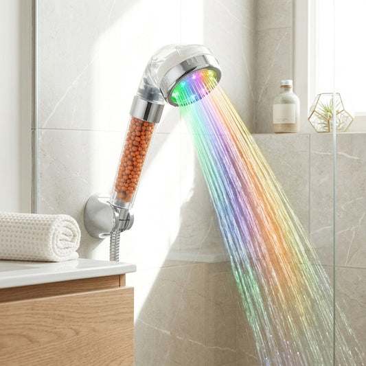 Lagomel hand shower in electroplated, set in a Contemporary bathroom