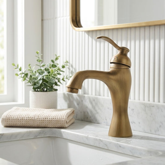 Lagomel single-hole bathroom faucet in antique brass, brushed nickel, set in a Vintage/Retro/Contemporary bathroom