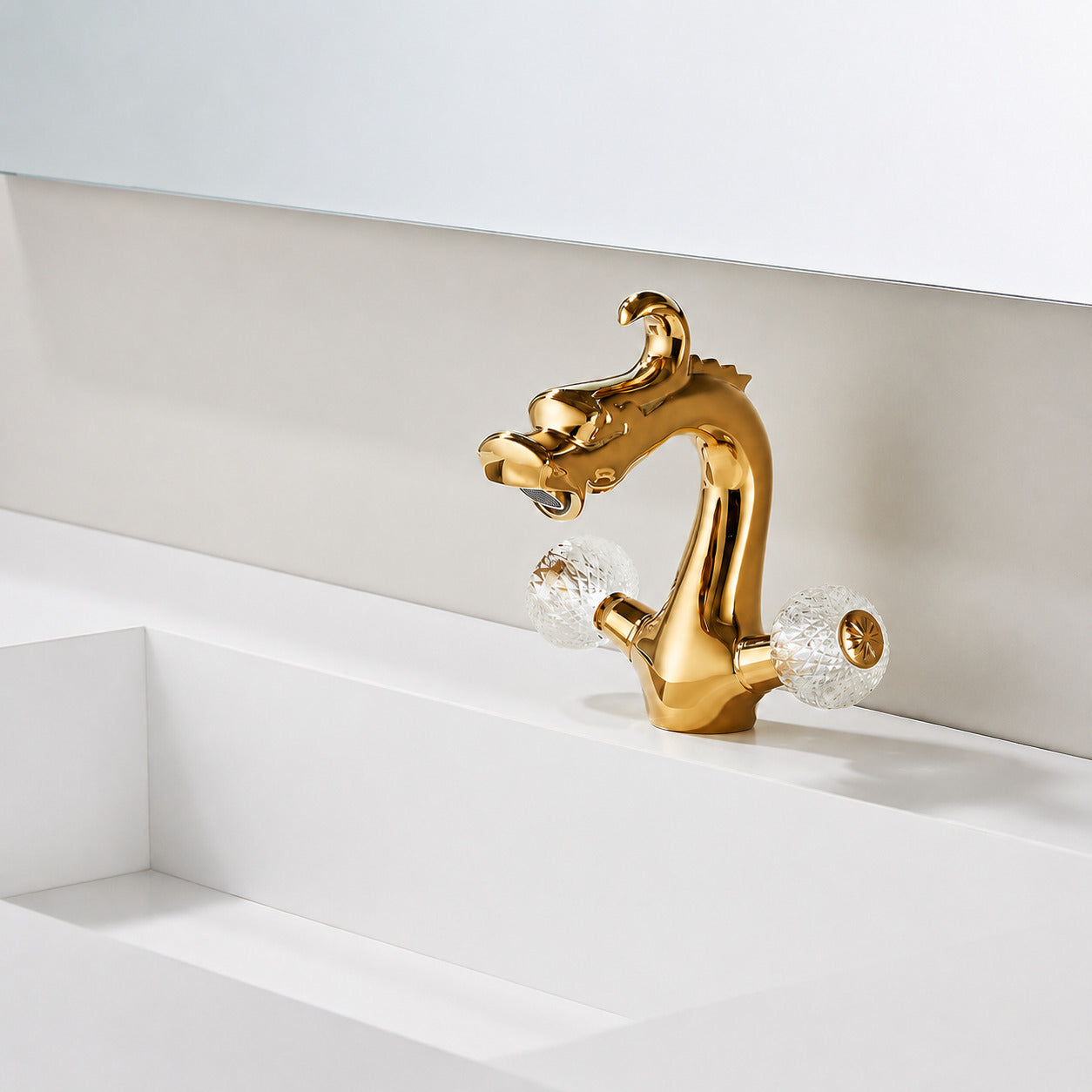 Polished Gold Traditional Dragon Faucet, Single-Hole Dual-Handle Faucet with Crystal Knob Handles