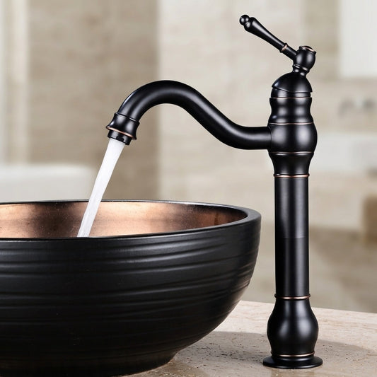 Lagomel single-handle vessel sink faucet in antique brass, oil-rubbed bronze, chrome, brushed gold, brushed nickel, matte, set in a Traditional/Classic/Vintage/Retro bathroom