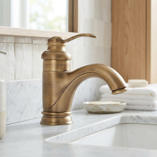 Lagomel single-hole bathroom faucet in antique brass, matte black, brushed gold, set in a Vintage/Retro/Contemporary bathroom