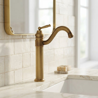 Lagomel single-handle vessel sink faucet in antique brass, matte black, set in a Vintage/Retro/Contemporary bathroom