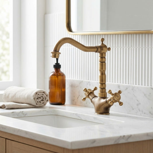 Lagomel single-hole bathroom faucet in antique brass, brushed nickel, set in a Vintage/Retro/Contemporary bathroom