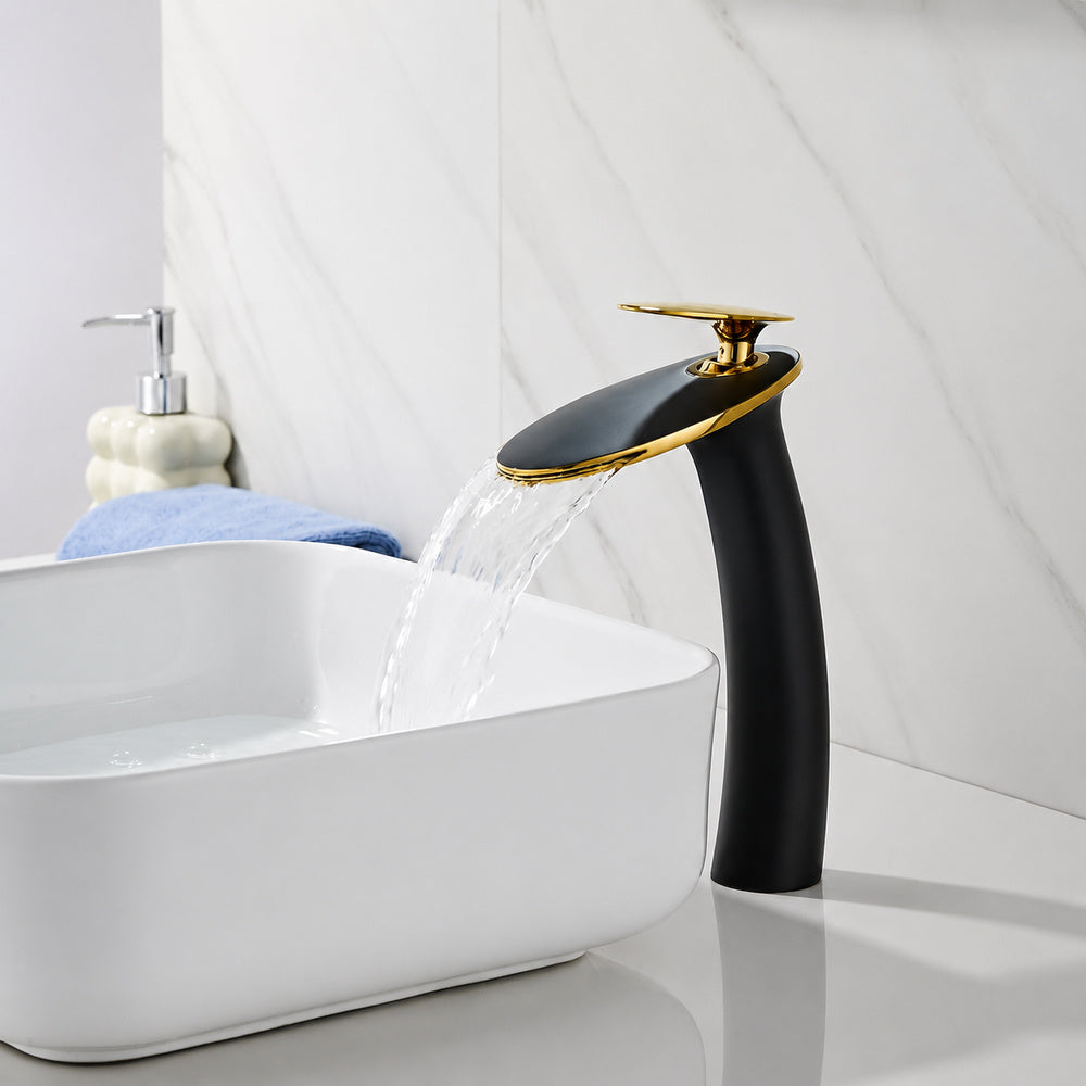 Two-Tone Matte Black Gold Waterfall Bathroom Faucet, Single-Hole Single-Handle Faucet