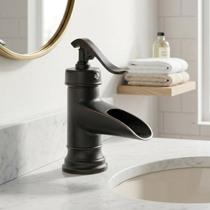 Lagomel waterfall single-hole bathroom faucet, set in a Modern/Minimalist bathroom