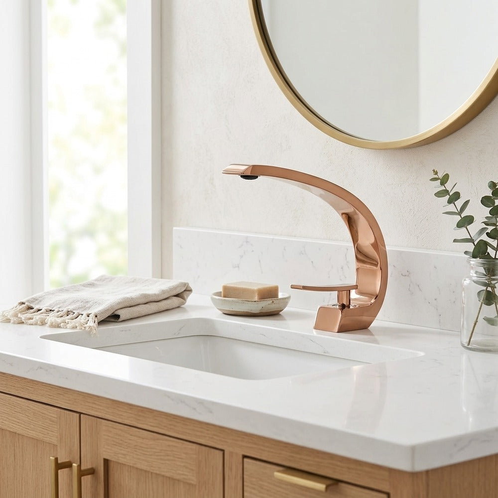 Lagomel single-hole bathroom faucet in rose gold, set in a Modern/Contemporary bathroom