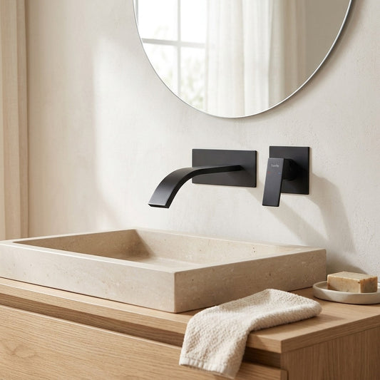 Lagomel waterfall single-handle wall-mount bathroom faucet in matte black, set in a Modern/Contemporary bathroom