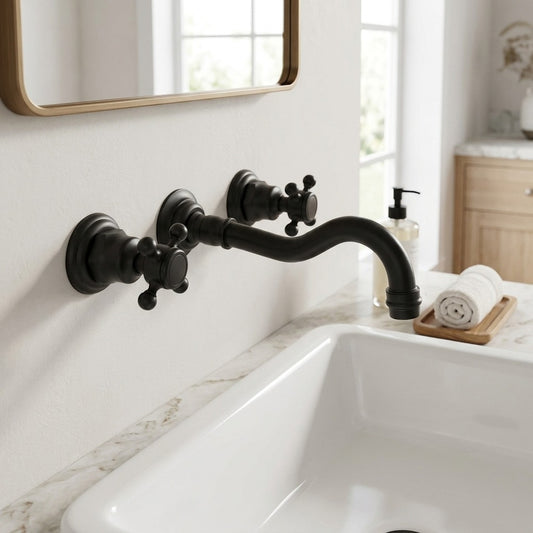 Lagomel wall-mount bathroom faucet in antique brass, matte black, set in a Traditional/Classic/Contemporary bathroom