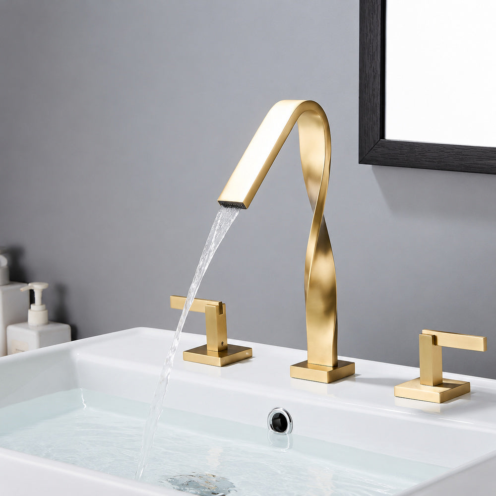 Waterfall Spout Widespread Bathroom Faucet, Dual-Handle Brass Faucet, Matte Black / Brushed Gold