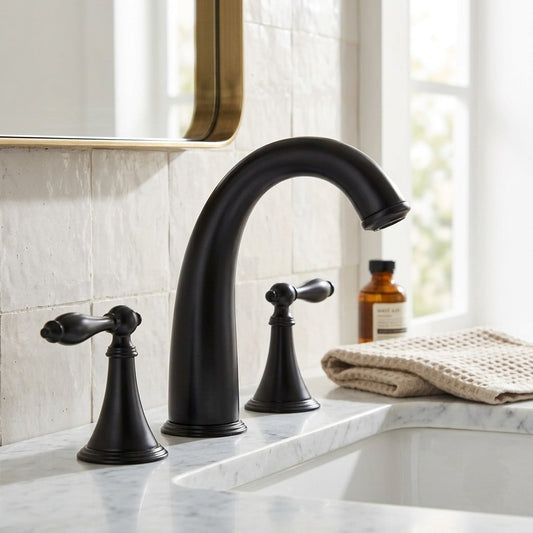 Lagomel widespread bathroom faucet in matte black, antique brass, chrome, polished gold, set in a Contemporary/Traditional/Classic bathroom