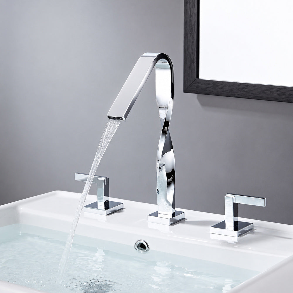 Waterfall Spout Widespread Bathroom Faucet, Dual-Handle Brass Faucet, Matte Black / Brushed Gold