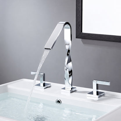 Waterfall Spout Widespread Bathroom Faucet, Dual-Handle Brass Faucet, Matte Black / Brushed Gold