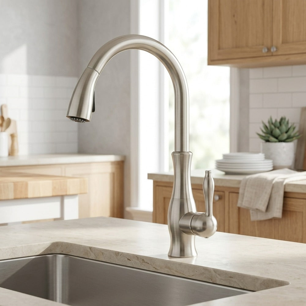 Lagomel single-handle pull-down kitchen faucet in brushed nickel, polished gold, chrome, set in a Modern/Contemporary kitchen