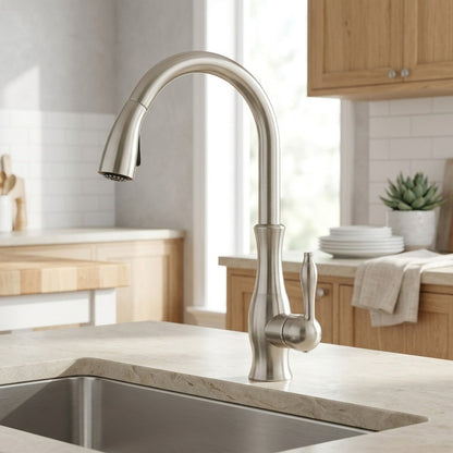 Lagomel single-handle pull-down kitchen faucet in brushed nickel, polished gold, chrome, set in a Modern/Contemporary kitchen
